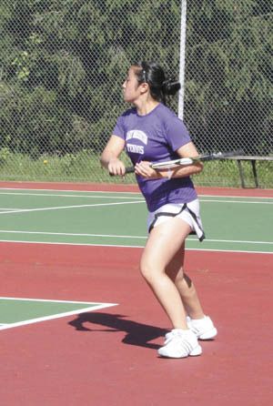Lake Washington's Kelly Watanabe fought hard against Mercer Island's No. 1 singles player Chelsea Bailey during the Kangs away loss to the Islanders on Thursday