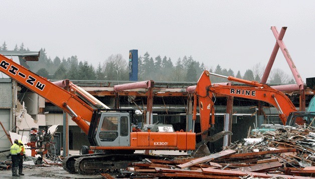 Construction workers have begun the process of knocking down the lower mall in Totem Lake Malls in Kirkland.