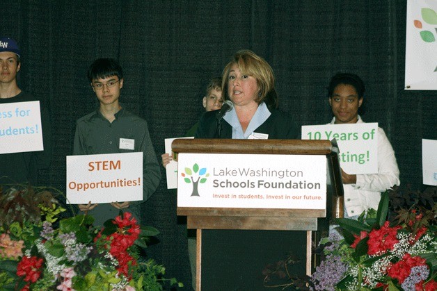 Lake Washington Schools Foundation President Minerva Butler addresses the crowd at the Juanita High School fieldhouse during the organization’s 10th annual Legacy for Learning luncheon.