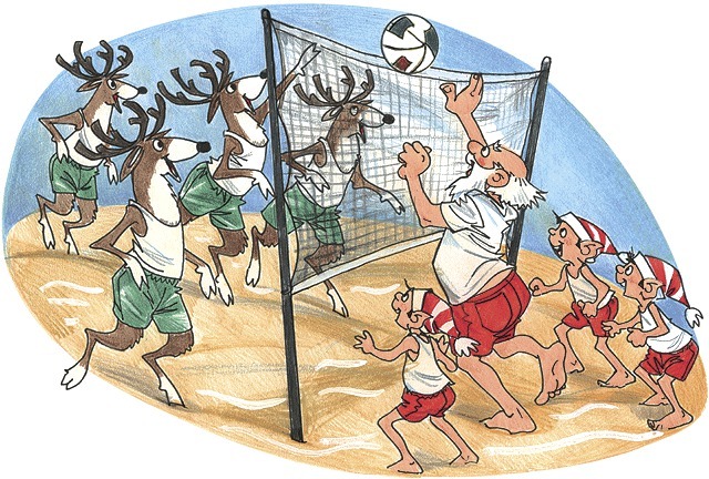 Santa Claus and some elves play a game of volleyball with Donner's cousins during a brief visit in Greenland. The group had to use the wind to help the sleigh along after the game to make up time.