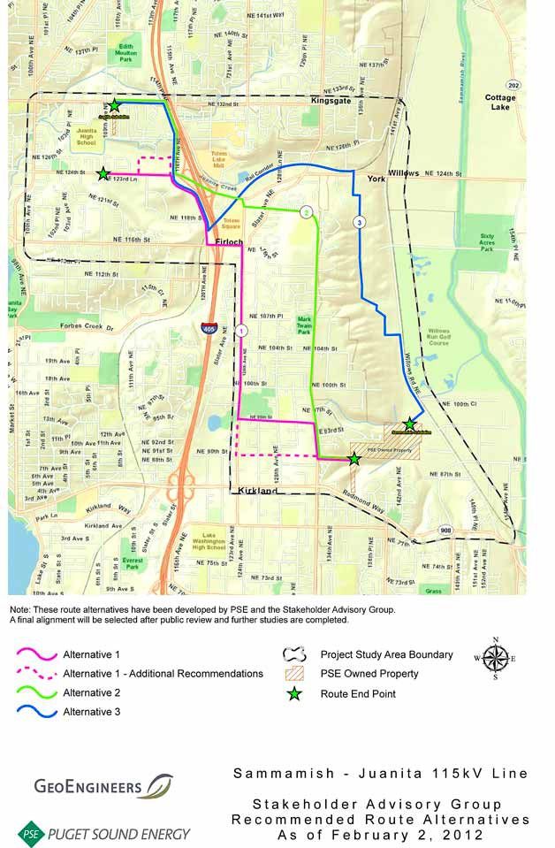 Puget Sound Energy and a project stakeholder advisory group have identified three route alternatives for the Sammamish-Juanita 115 kilovolt transmission line project.