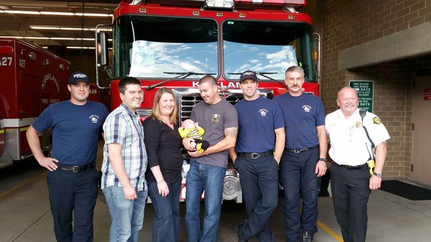 Local firefighters meet newborn who they saved shortly after birth.