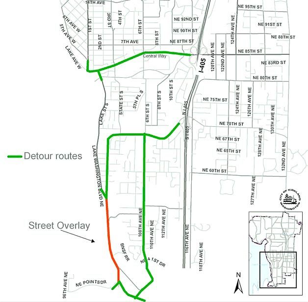 Commuters should find alternative routes or expect long traffic delays due to paving along Lake Washington Boulevard from Lakeview Drive to the Kirkland/Bellevue city limits at SR 520.