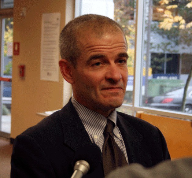 Lawyer Todd Maybrown representing former Seahawks and Husky tight-end Jerramy Stevens speaks to media after a Kirkland court trial. Stevens' was arrested for allegedly assaulting his fiance