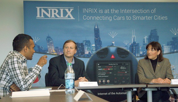 U.S. Congresswoman Suzan DelBene and INRIX President Bryan Mistele listen to another participants comments during a roundtable at INRIX’s Kirkland office intended to address concerns over digital privacy and federal laws.
