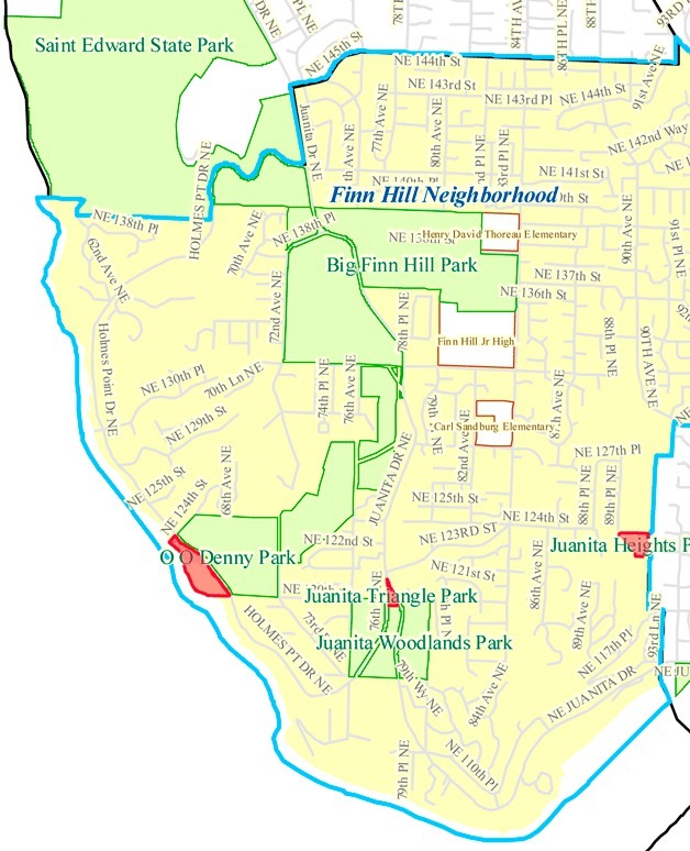 The boundaries of the Finn Hill Parks and Recreation District run from Lake Washington on the west and south
