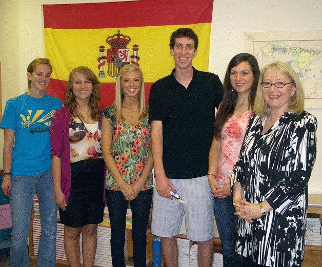 Kirkland Mayor Joan McBride (right) resented Lily Waluconis Memorial scholarships to several Lake Washington High School students on June 9. From left