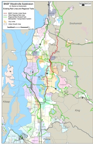 The Port of Seattle hopes to soon acquire a rail corridor (shown in red) that connects all of the Eastside from rail operators BNSF. King County hopes to eventually buy rights to build biking and hiking trails and is exploring the option of operating a commuter-rail line.