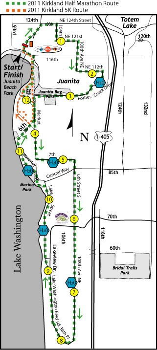 The route for the 2011 Kirkland Half Marathon and 5K races