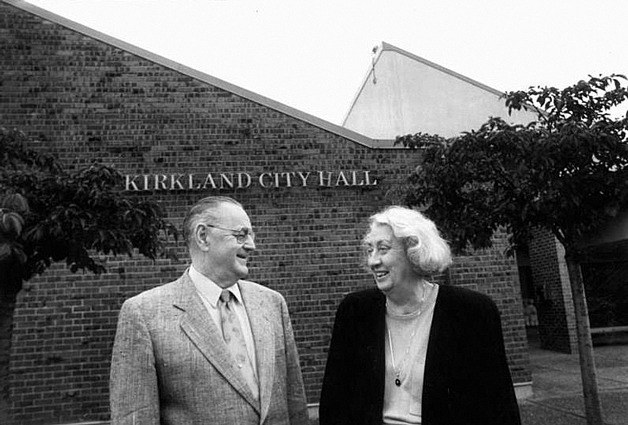 Former Kirkland City Council members Joseph A. Martineau and Doris Cooper stand in front of Kirkland City Hall in 1993.