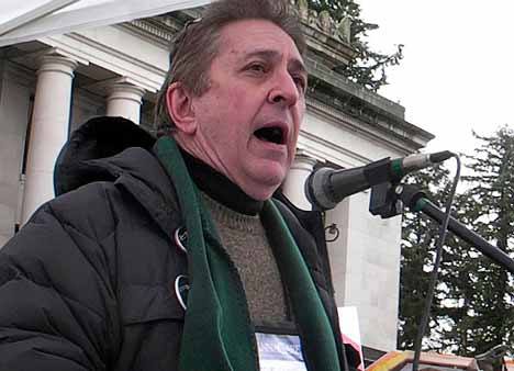 Finn Hill resident Steve Sarich gives a speech on the steps of the capital on protecting medical marijuana growers and patients.