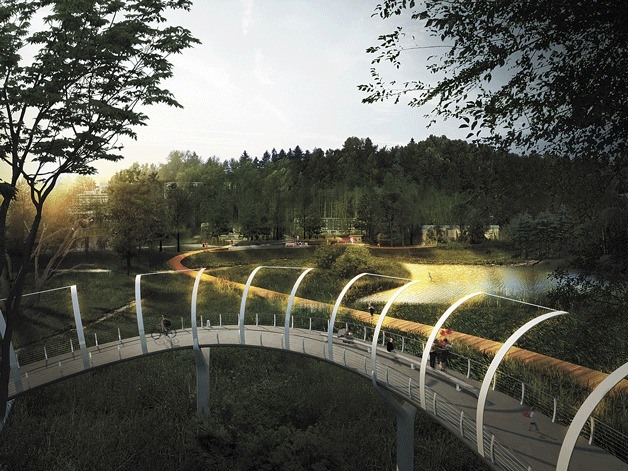 A rendering of the spiral overpass proposed in the Totem Lake Park master plan. Architecture firm Berger Partnership created the plan over the course of 2013.