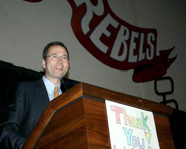 Alaska Air Group President and CEO Brad Tilden speaks to approximately 560 people during the  Lake Washington Schools Foundation's eighth annual “Legacy for Learning” luncheon fundraiser  at Juanita High School on Wednesday. The keynote speaker built on the event theme