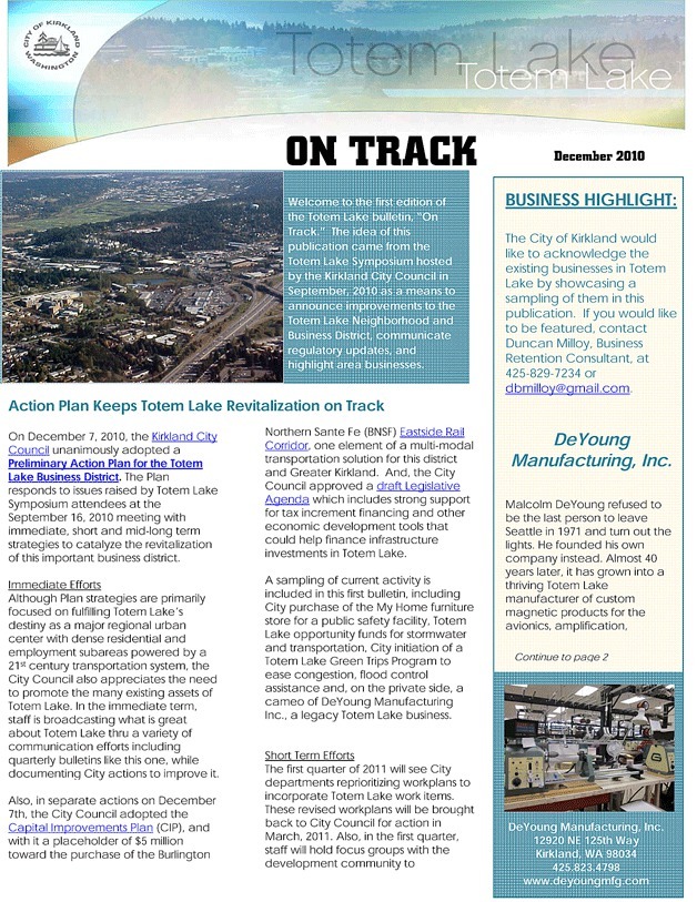 The Kirkland City Council released its inaugural editon of 'Totem on Track' Wednesday.
