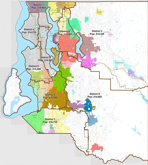 This map shows the newly proposed King County Districts outlined in brown and the current districts outlined in green. Finn Hill could become part of District No. 1 if this new proposal is adopted.