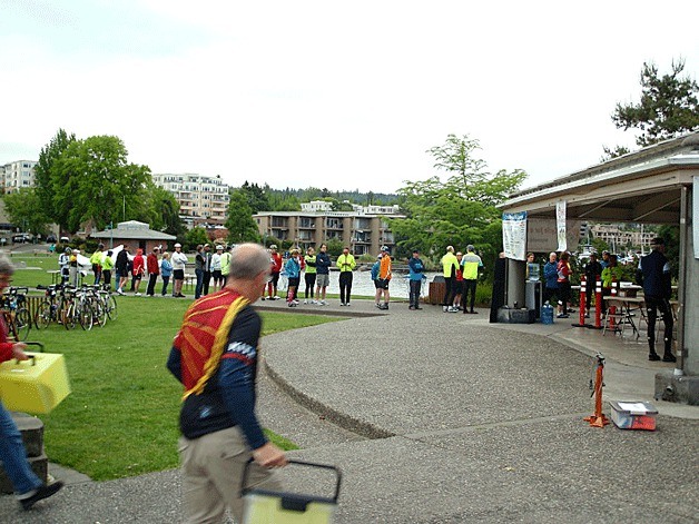 Cyclists line up at 6:15 a.m. to register for the 7 Hills of Kirkland event on Memorial Day.