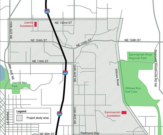 This map shows the area that Puget Sound Energy officials and local stakeholders are considering to construct a new 4.5-mile transmission line between the Sammamish substation  in Redmond and the Juanita substation in Kirkland. A route has not been selected yet.