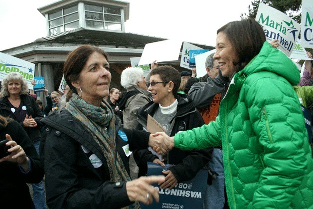 Sen. Maria Cantwell is greeted by her constituents during a rally at Marina Park on Friday. Sen. Patty Murray and Rep. Jay Inslee were also in attendance.
