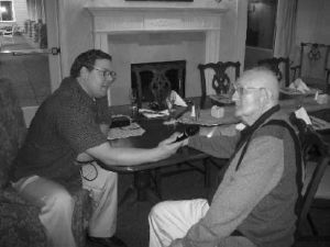 Áegis of Kirkland resident Mike Davies (right) shares a baseball story with KOMO Radio’s Tracy Schakohl. Davies’ baseball memories will be featured on air throughout the Mariners’ season.