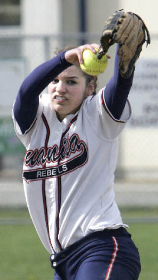 Juanita’s Kylie Sparks (No. 1) winds up a pitch during the first inning of the game against Redmond at Juanita. The Rebels (third in KingCo 4A at 11-4) won the game 1-0.