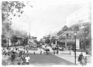 An artistic rendering of the central plaza of the Parkplace “Preferred Plan