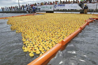 Kirkland Rotary volunteers and a Kirkland firefighter use hoses and fans to help move thousands of little rubber ducks along a race course for the rotary’s 11th annual duck dash benefit on July 4 at Juanita Beach Park. First prize and a 2008 Chevy Aveo went to Jack Lyons