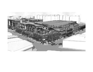 A computer model of the final modified proposal for the Bank of America/Merrill Gardens development at Kirkland Avenue and Lake Street when viewed looking southeast.