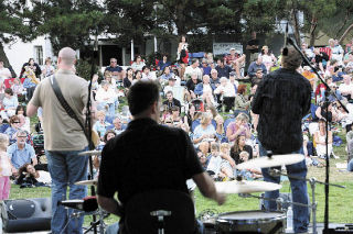 The large crowd watches the band perform from the lawn at Marina Park. Many people arrived over an hour early to secure a good spot to sit during the concert.
