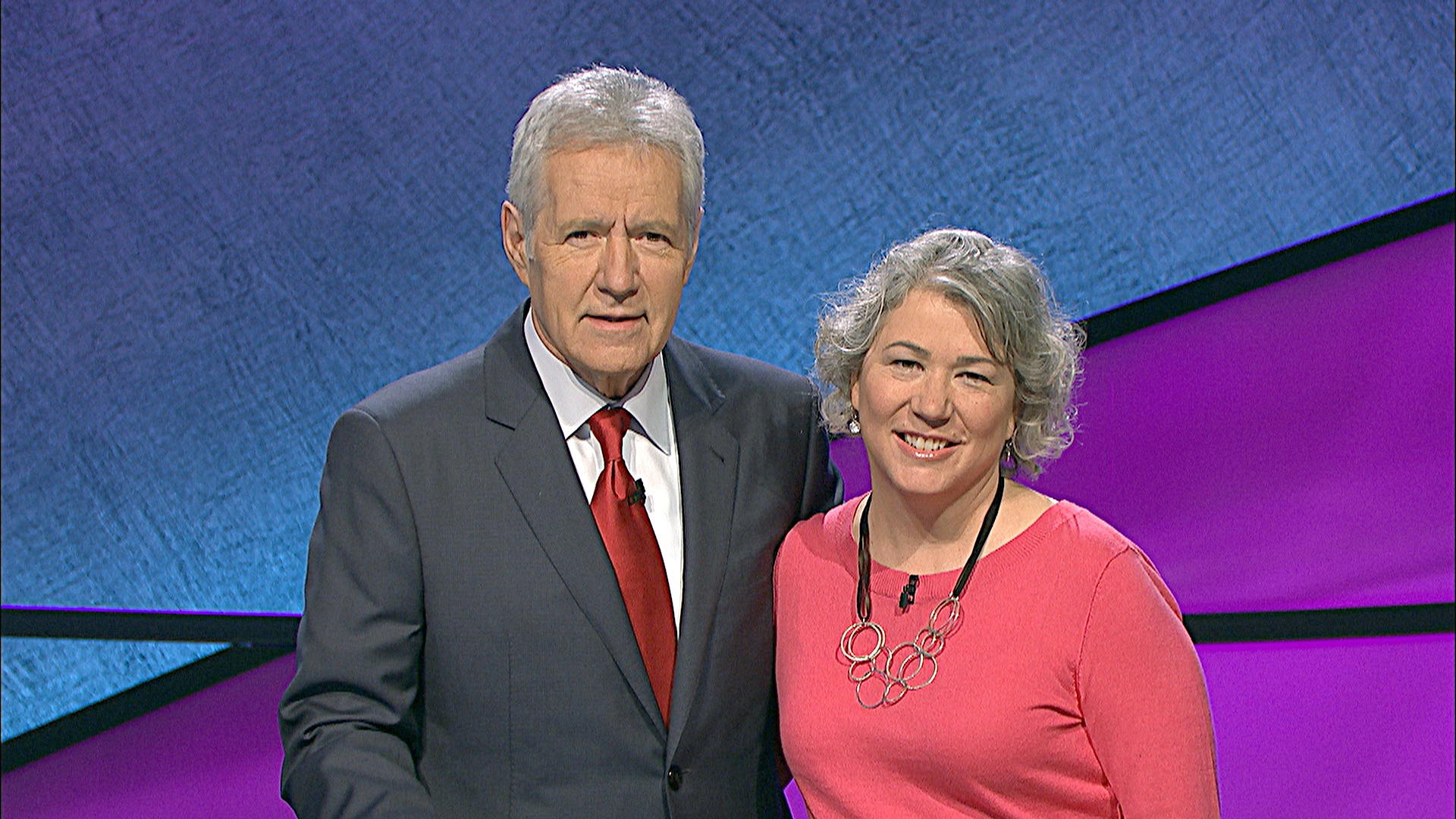 Kirkland resident Liz Hedreen stands with Jeopardy host Alex Trebek. Hedreen was a contestant on the show earlier this week. Contributed photo