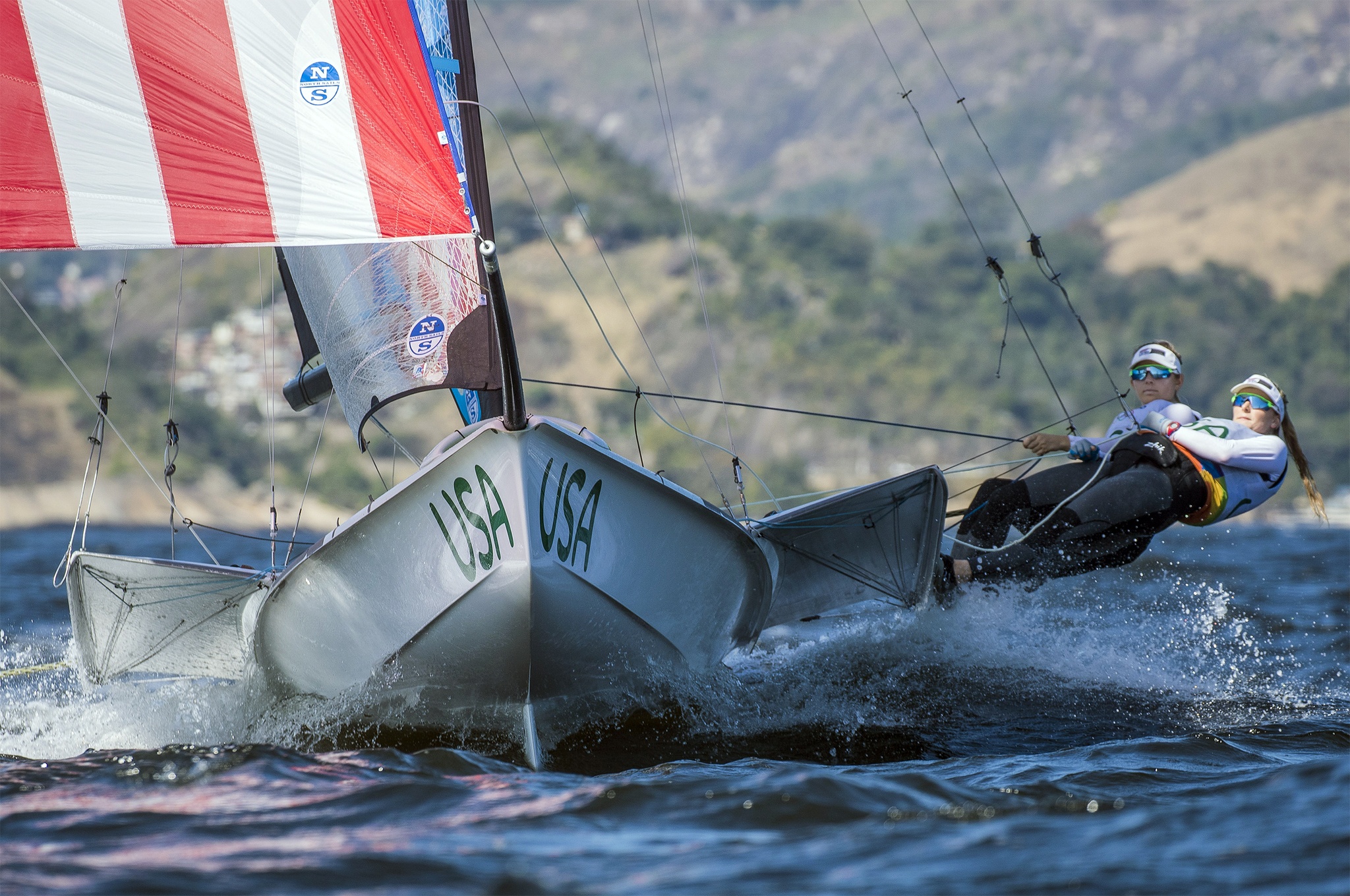 Helena Scutt and Paris Henken compete in the Women’s 49erFX sailing division at the 2016 Summer Olympics in Rio de Janeiro