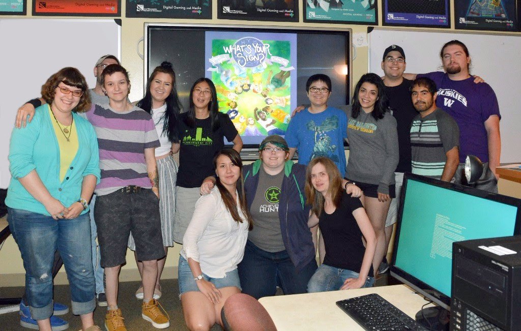 Lake Washington Institute of Technology students in the classroom preparing for PAX West. Back row