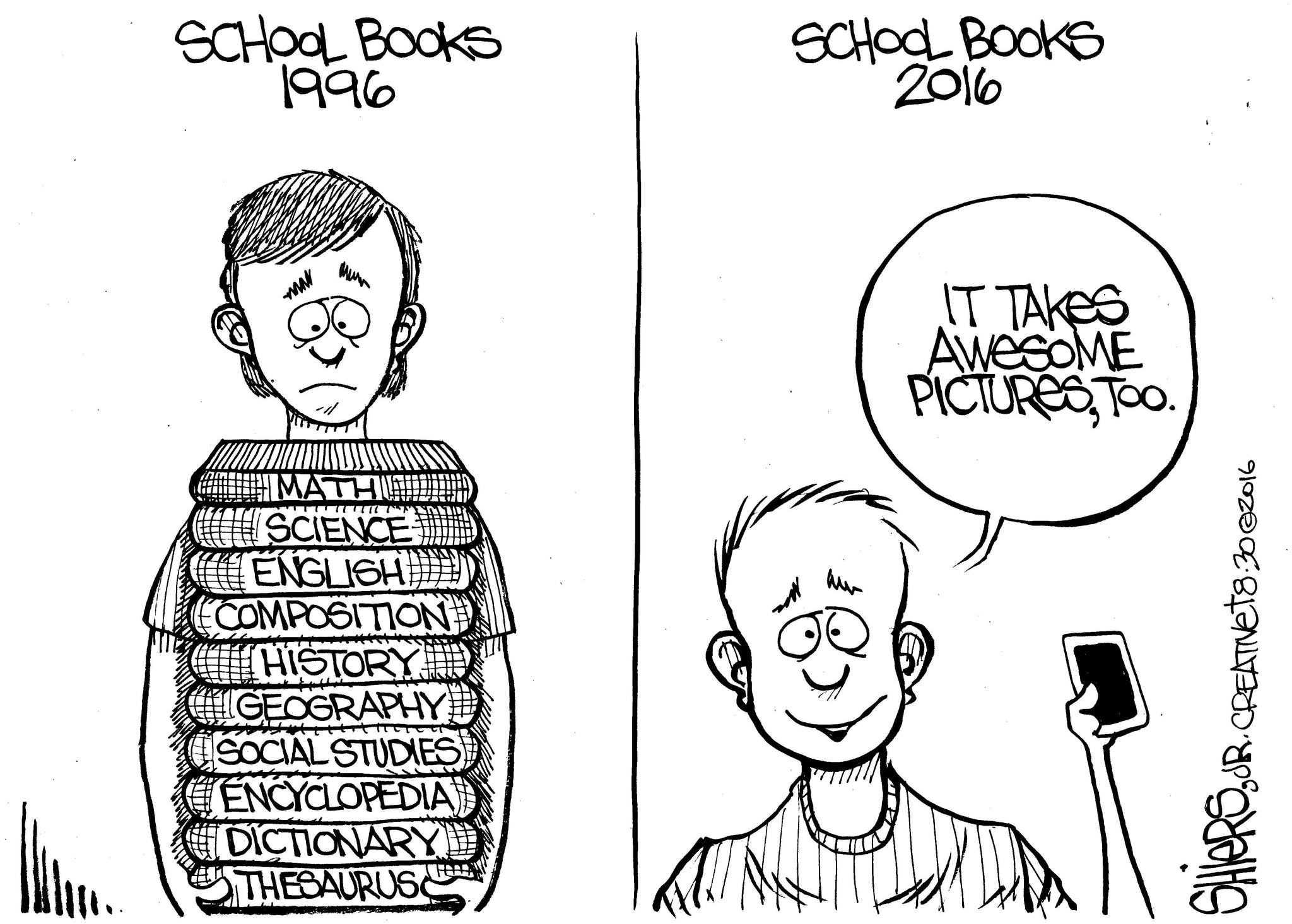 School books in 1996 and 2016 | Cartoon for Aug. 31 - Frank Shiers
