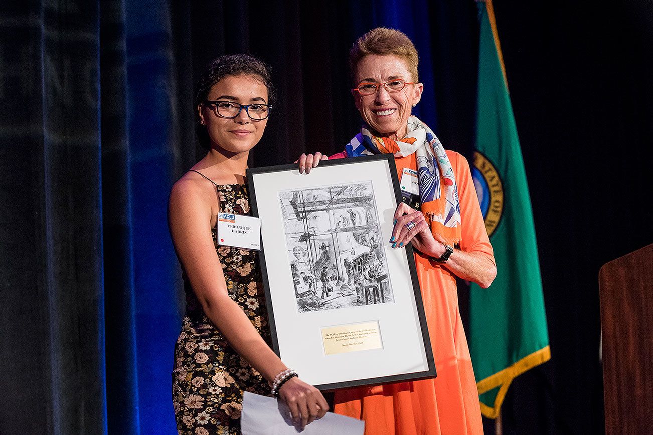 Lake Washington High School sophomore Veronique Harris is given the ACLU of Washington Youth Activist Award from ACLU-WA Board President Jena Robinson. Contributed photo