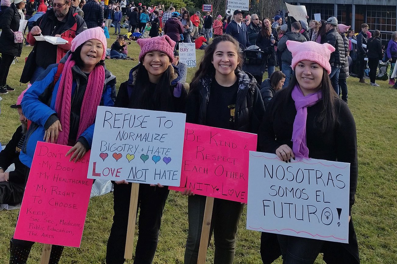 Jan Young (left), Zoe Young, Olivia Nicolas and Alexa Luna participate in the Women’s March on Seattle on Jan. 21. Contributed photo