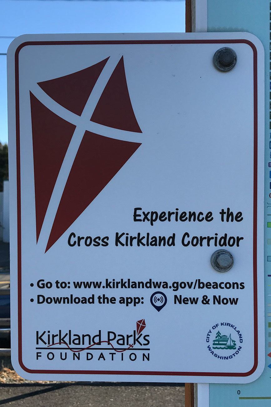 Signage along the Cross Kirkland Corridor helps people find the beacons with electronic information about the CKC’s history. Contributed photo