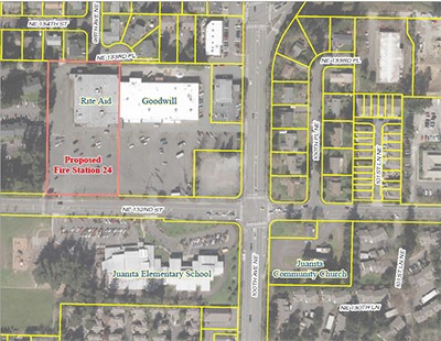 A City of Kirkland map shows the proposed location of Kirkland Fire Station 24. Submitted art