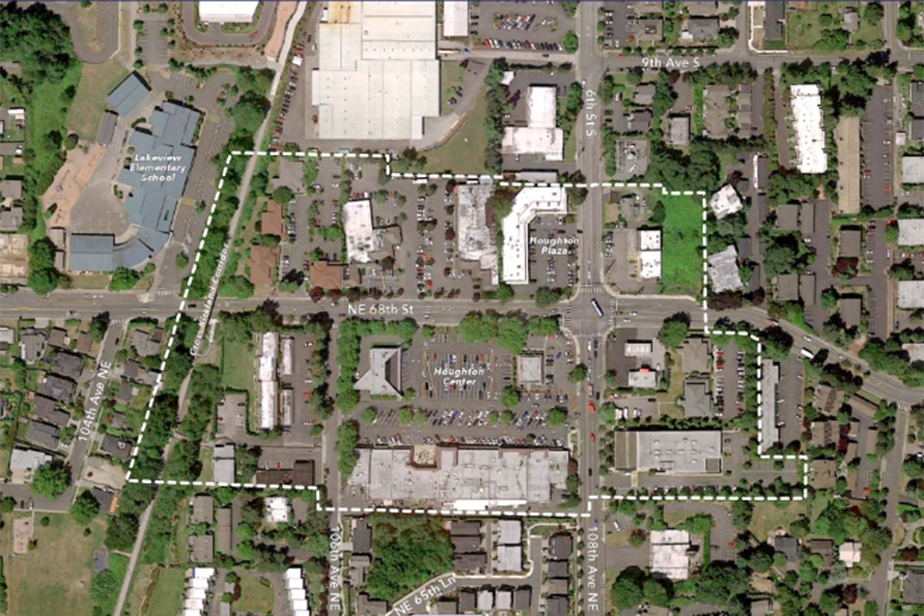 A map provided by the City of Kirkland shows the Houghton Everest Neighborhood Center, the area being examined by the city (inside the dashed white line) for possible land use code amendments. Submitted art