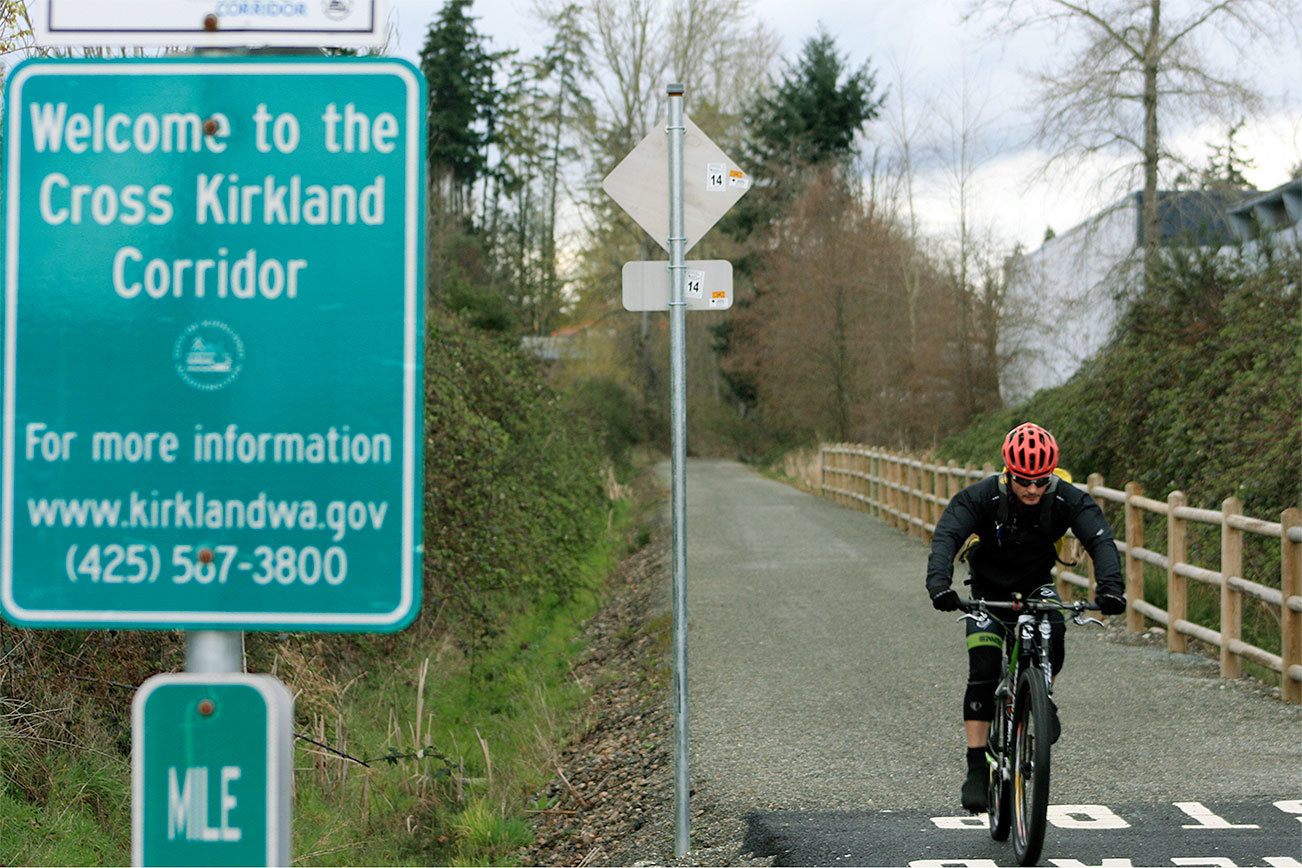 The City of Kirkland is planning a bridge over the intersection at NE 124th Street and Totem Lake Boulevard which would connect this part of the Cross Kirkland Corridor and the park at Totem Lake. Reporter file photo