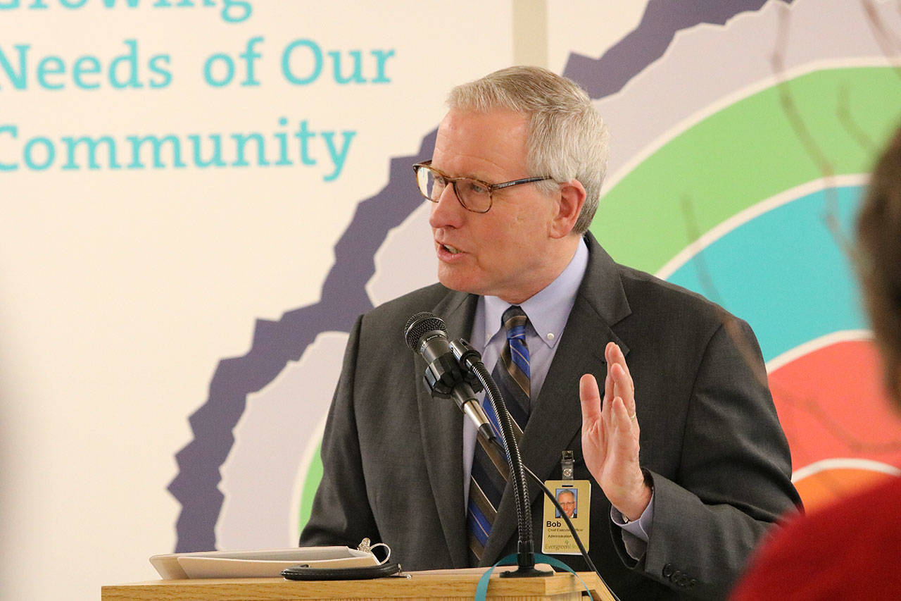 EvergreenHealth CEO Bob Malte speaks at the dedication ceremony for the hospital’s new fourth floor wing on Friday, March 3. JOHN WILLIAM HOWARD/Kirkland Reporter