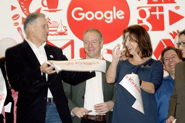 GOv. Jay Inslee and Kirkland Mayor Amy Walen cut the ribbon during the grand opening on the Kirkland Google campus. Reporter file photo