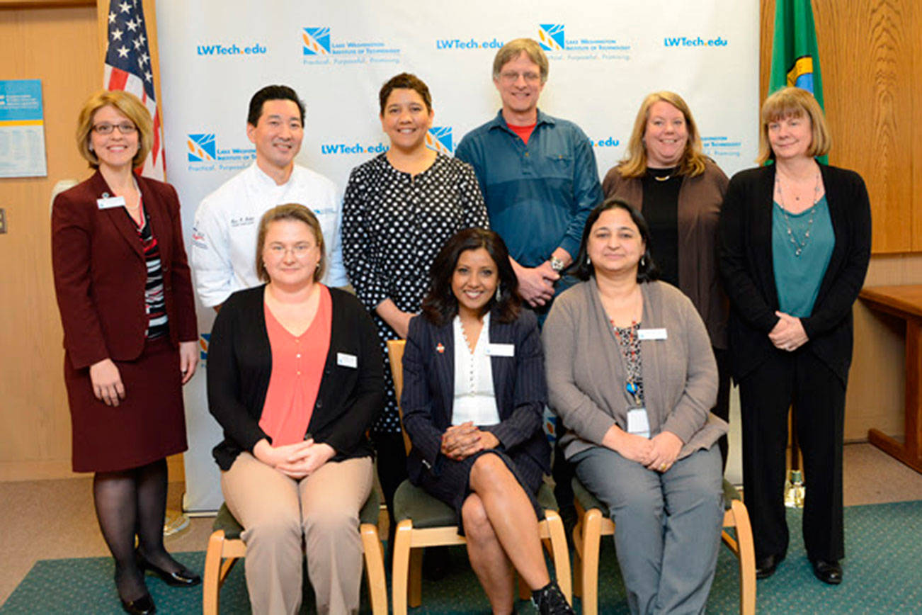 Lake Washington Institute of Technology offered tenure to six faculty members. Back row from left, Dr. Amy Morrison Goings, Eric Sakai, Stacy Woodruff, Don Dale, Trustees Anne Hamilton and Dr. Lynette Jones. Front row from left, Alexandra Vaschillo, Dr. Aparna Sen, Priyanka Pant. Contributed photo