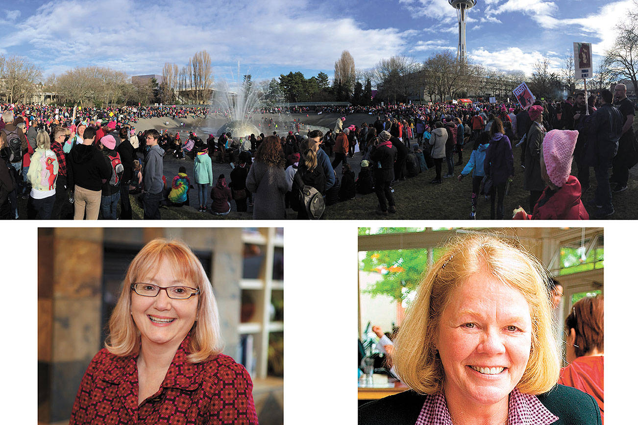 The Eastside March for Justice in Kirkland was inspired by the Women’s March, top, in January. Former Kirkland mayor and State Rep. Joan McBride, left, and Councilwoman Penny Sweet, will be among the speakers for the rally at Marina Park in Kirkland. Reporter file photos