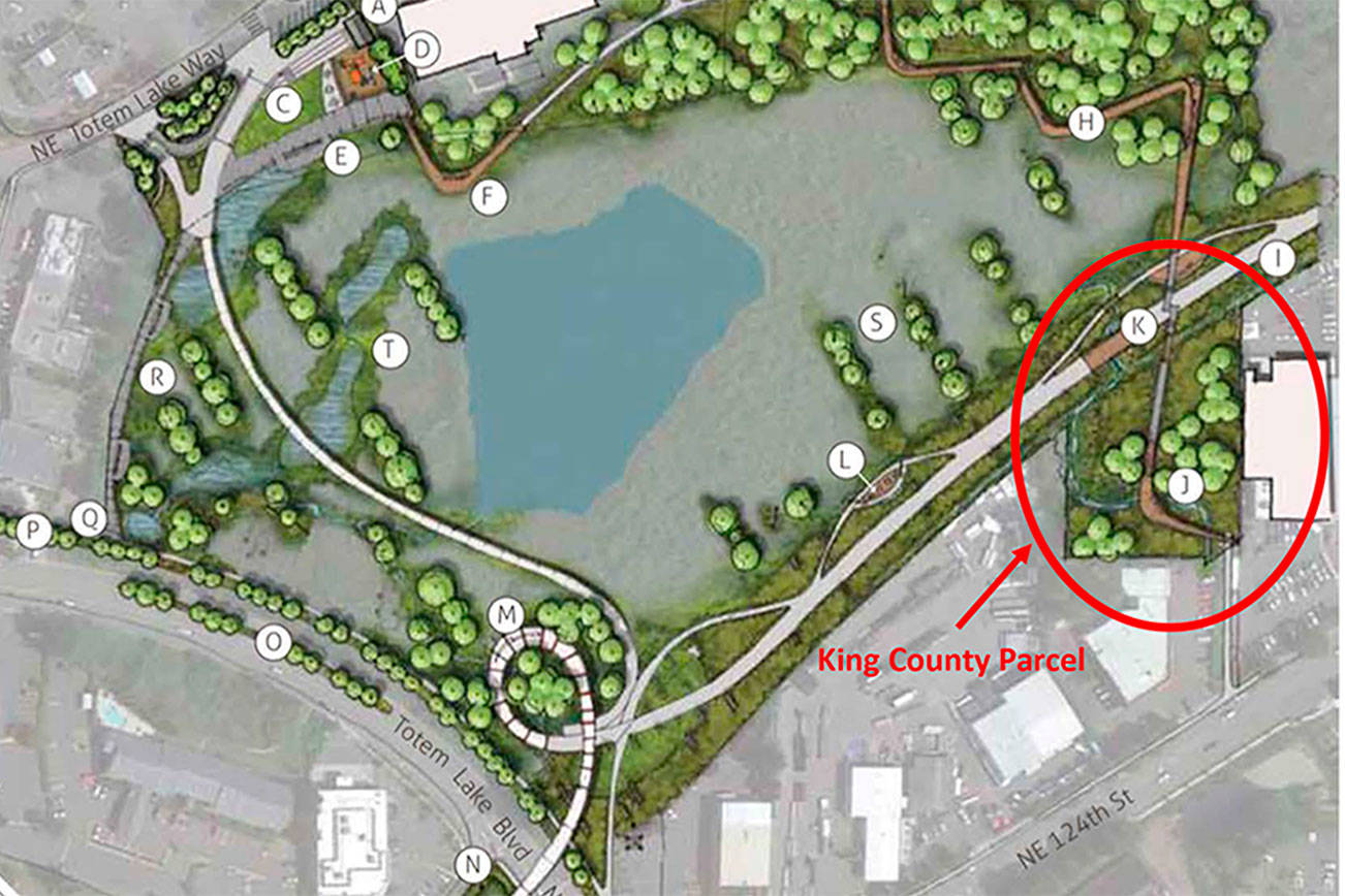 A rendering shows the City of Kirkland’s Totem Lake Park Master Plan, including the parcel recently acquired from King County. City of Kirkland/Submitted art