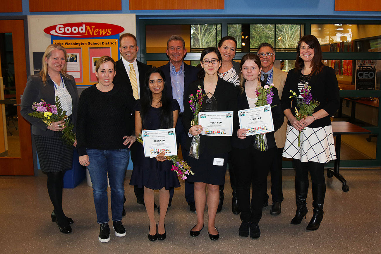 Teens from across the Lake Washington School District participated in the Teen CEO competition. Back row, from left: Kate Atvars, Amy Hedin, Jerred Kelley, Roger Blier, Angela Marks, Dan Phelan and Katie Searle. Front row, from left: Teen CEO Third-place winner Aarushi Bhatnagar, first-place winners Adriana Rush and Indra Toepke. Not Pictured: Second-plaec winner Anne Lee. Courtesy Photo