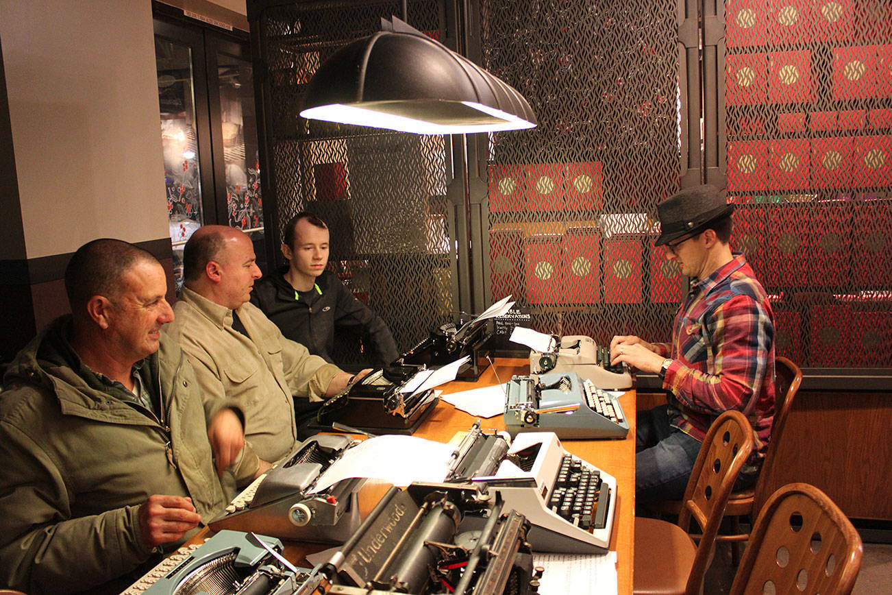 People participate in a Type-In Kirkland event organized by Cabot Guidry (right) at the Juanita Starbucks. Contributed photo