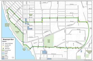 This map shows the route for the Kirkland Shamrock Run. Contributed art/City of Kirkland