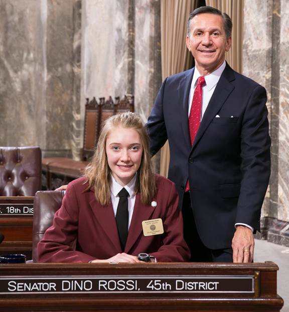 Northshore Junior High student Olivia Wisnot with Sen. Dino Rossi. Contributed photo