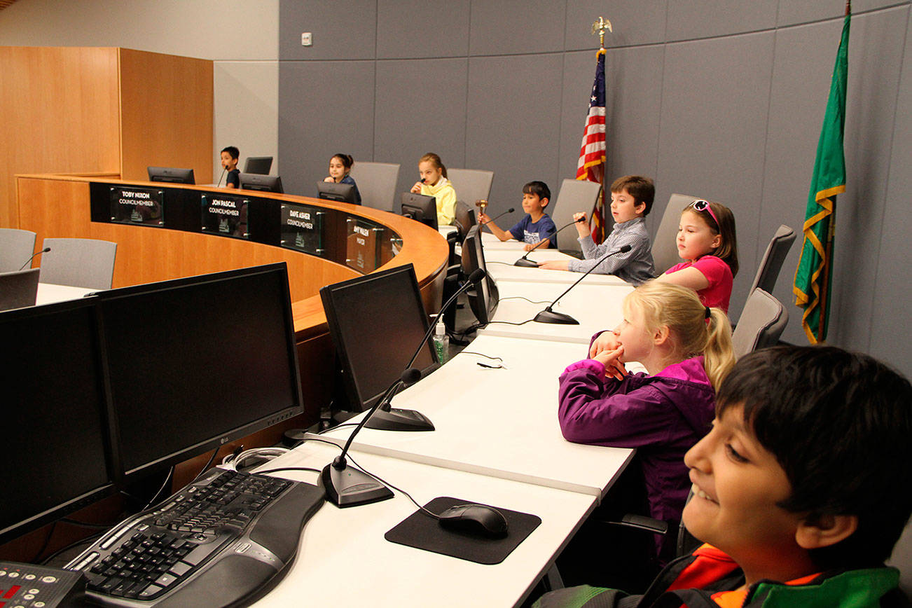 Ben Franklin Elementary School second graders conduct a mock Kirkland City Council meeting at Kirkland City Hall. Contributed photo