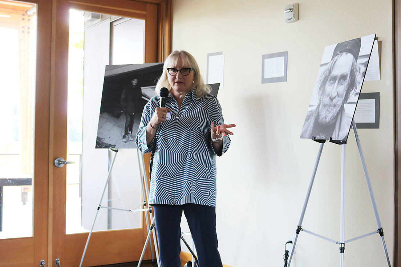 Rep. Joan McBride speaks at an Affordable Housing Week event at Velocity Apartments in Kirkland. CATHERINE KRUMMEY / Kirkland Reporter