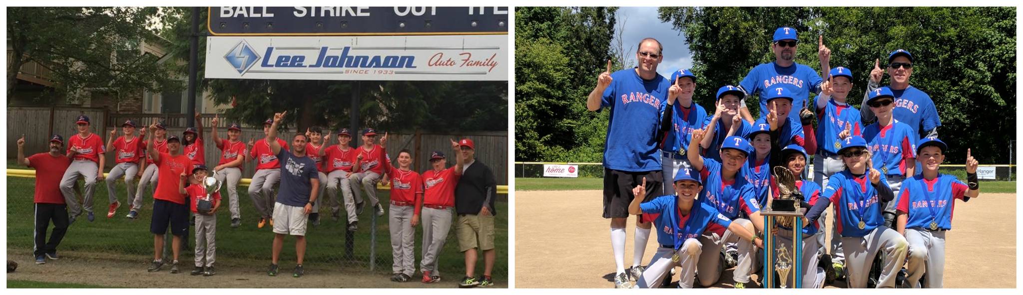 In the Kirkland City Championship baseball games on June 7 at Everest Park, the Kirkland National Little League (KNLL) Cardinals (left) beat the Kirkland American Little League (KALL) A’s, 6-2, in the Majors title game; and the KALL Rangers (right) beat the KNLL Mariners, 12-1, in the Coast/AAA title matchup. Courtesy photos